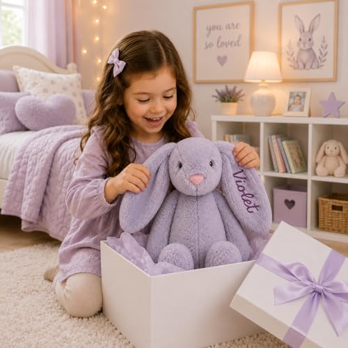Personalized Embroidered Lavender Stuffed Bunny, Baby Girl Gifts, Baptism Gifts for Girls, Purple Bunny, Rabbit Toys, Custom Stuffed Animal, Stuffed Animals for Girls (Lavender Bunny) - color: Lavender Bunny