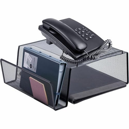 Lorell Mesh Steel Office Phone Stand for Desk, Angled with Storage Slot, 11.1" x 10.1" x 5.3", Black