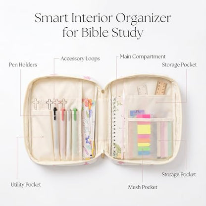 Bible Cover Set with Handle, Large Quilted Bible Bag for Women Girls, Bible Study Supplies Kit with Tabs, Pens, Sticky Notes, Study Planner & Scripture Cards, Christian Gifts for Devotional Journaling