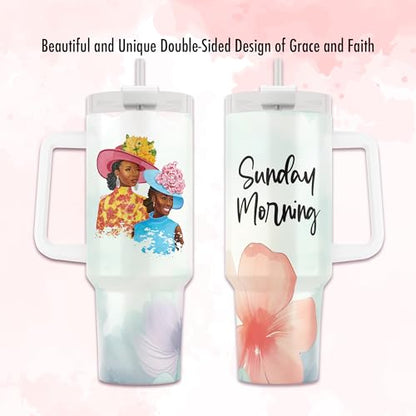 40oz Tumbler with Inspirational Quotes, African American Art, Handle, Straw & Twist-On Lid – Leak-Proof Insulated Drinkware for Black Women, Uplifting Gift - Sunday Morning - color: Sunday Morning