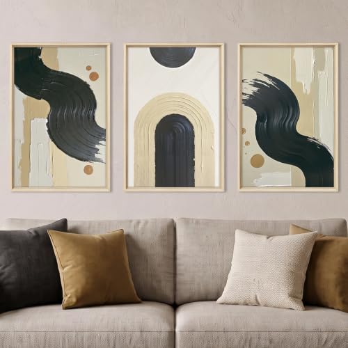 HOURIA Black Beige Abstract Neutral Framed Canvas Wall Art Set- 16"x24"x3 - color: Abstract Beige Black Wall Art, size: 16"L x 24"W