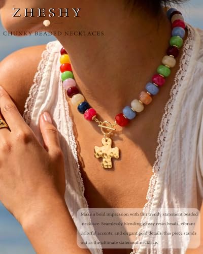 ZHESHY Chunky Beaded Necklaces for Women Heart Cross Statement Necklace - color: Multicolor 1