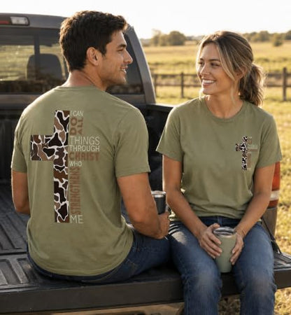 Christian Shirts for Men I Can Do All Things Through Christ Cross T-Shirt - color: Green, size: Large