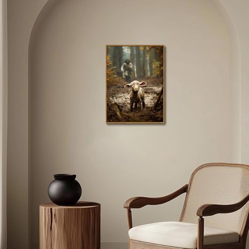 Jesus Running After Lost Lamb Framed Canvas Wall Art 16x24 inch - color: Run after, size: 16"x24" Natural