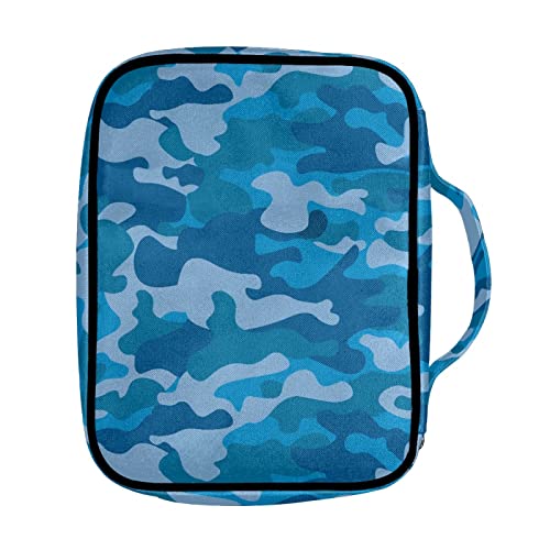 Coldinair Blue Camo Print Bible Cover for Men,Carrying Book Case Church Bag Bible Holder Protector with Handle and Zipper Pocket - color: Blue Camo