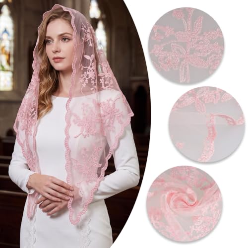 Lystaii Triangle Lace Mantilla Veil Catholic Chapel Head Covering Scarf - color: Pink