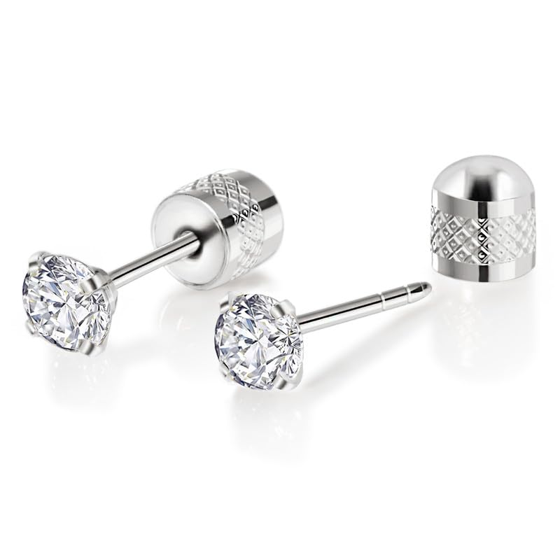 Titanium Earrings Push-in Threadless Flat Back Stud Earrings for Women Men, Cartilage Earring Hypoallergenic Cubic Zirconia Earrings Studs for Helix Tragus Piercing Jewelry - color: Silver-6mm