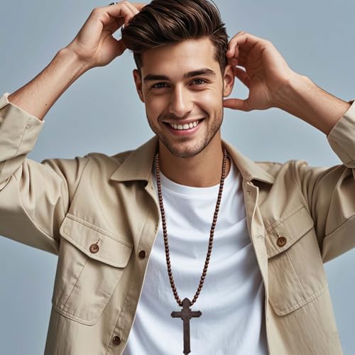 Wooden Cross Necklace For Men Beads Rosary Long Large Natural Wood Jesus Crucifix Cross Pendant Necklace 36inch Chain Religious Christian Prayer Faith Baptism Easter Handmade Jewelry - color: Brown