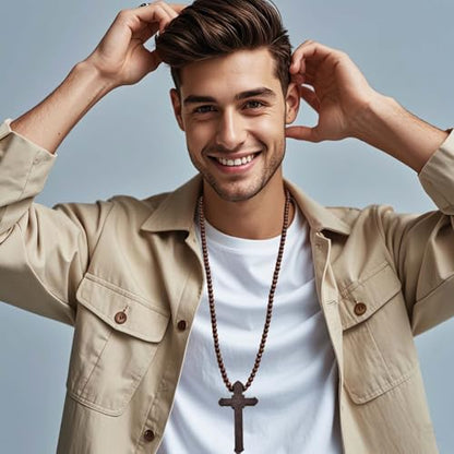 Wooden Cross Necklace For Men Beads Rosary Long Large Natural Wood Jesus Crucifix Cross Pendant Necklace 36inch Chain Religious Christian Prayer Faith Baptism Easter Handmade Jewelry - color: Brown