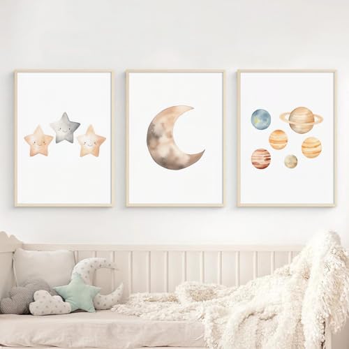 Boho Moon Stars and Planets Canvas Art Watercolors Painting Nursery Wall Art Posters Prints Pictures Baby Kids Room Decor 12x16 Inch Unframed - color: Boho Nursery Art Prints, size: 12x16 Inch