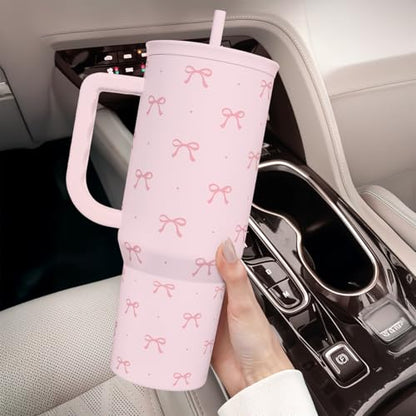 SANDJEST Gift for Women Girls - Coquette Bow Stainless Steel Tumbler with Handle, Travel Coffee Mug - Gifts for Birthday Christmas, 40oz - color: Bow