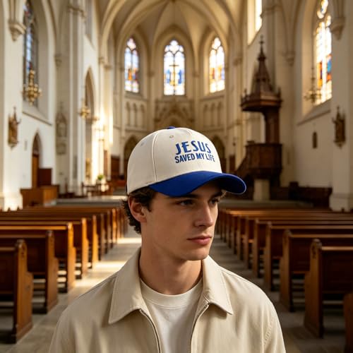 Embroidered Christian Two-Tone Baseball Cap for Men & Women, Adjustable Dad Hat Christmas Easter Gift - color: Jesus Saved My Life, Navy Blue/Beige