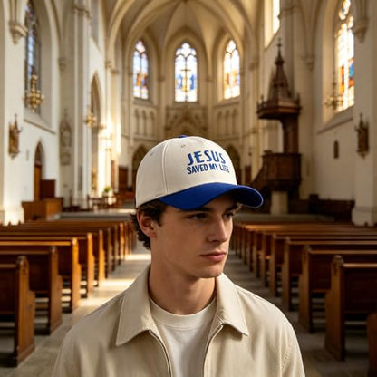 Embroidered Christian Two-Tone Baseball Cap for Men & Women, Adjustable Dad Hat Christmas Easter Gift - color: Jesus Saved My Life, Navy Blue/Beige