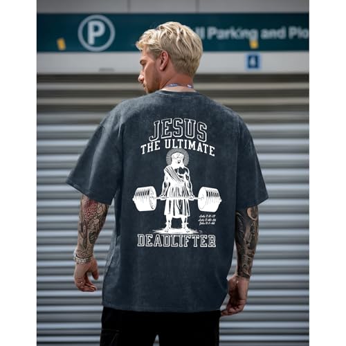 Mens Oversized Christian Shirts Jesus Faith Shirt Funny Gym Graphic Tees God Religious Bible Verse Acid Wash Tshirts - color: Denim Blue, size: Medium
