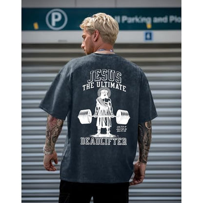 Mens Oversized Christian Shirts Jesus Faith Shirt Funny Gym Graphic Tees God Religious Bible Verse Acid Wash Tshirts - color: Denim Blue, size: Medium