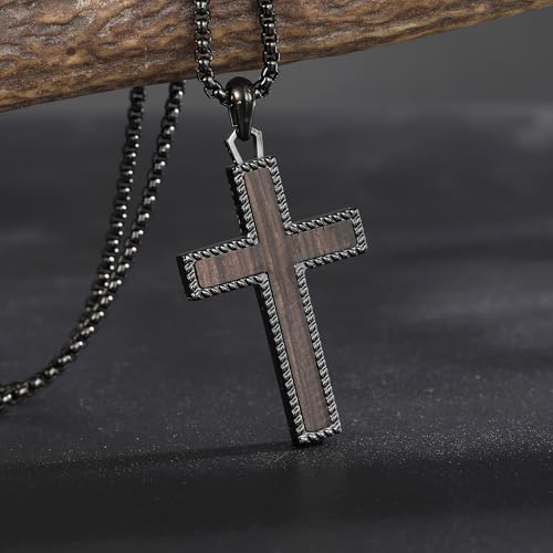 Wooden Cross Necklace for Men With Stainless steel And Black Ebony Adjustable Box Chain 24–26 inches Suitable for Everyday Wear And Christian Gifts for Men - color: Black-E