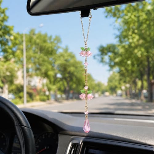 Cross Suncatcher Car Rearview Mirror Charm Pink Lily of Valley - color: Pink - Flower