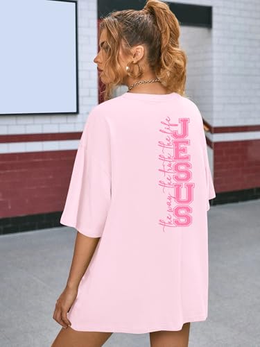 Oversized Christian Shirts Women: Jesus Tshirt Bible Verse Graphic Tee Tops - color: Pink, size: Medium