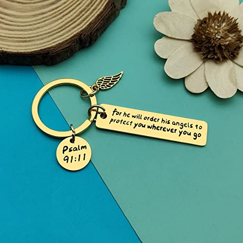 Dabihu Christian Keychain Gift for Women Men Religious Jewelry First Communion Gifts Baptism Gifts Bible Verse Keychain - color: For He Will Order His Angels to Protect You Wherever You Go Gold Keychain