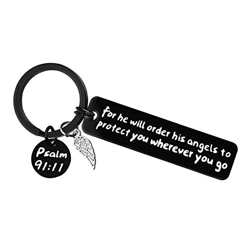 Dabihu Christian Gift Keychain Religious Gift Bible Verse Keyring Baptism Christmas Easter Birthday First Communion Gift - color: For He Will Order His to Protect You Wherever You Go Black Keychain