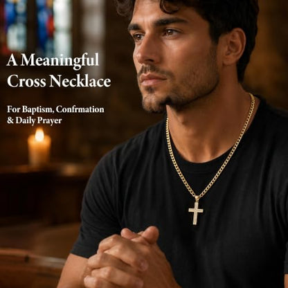 Cross Necklace for Men, Cuban Chain with Cubic Zirconia Pendant - color: GOLD