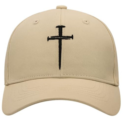 Three Nails Cross Christian Hats, Embroidered Baseball Caps for Adults - color: Tan