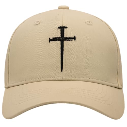 Three Nails Cross Christian Hats, Embroidered Baseball Caps for Adults - color: Tan