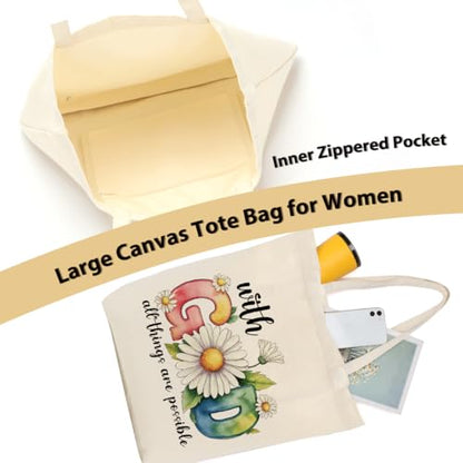 Christian Gifts for Women, Canvas Tote Bag, Faith Gifts for Women Girl Sister Inspirational Religious Gift Birthday - color: Watercolor Daisy Christian 762