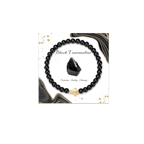 Cross Beaded Bracelets for Women, Natural Stone Healing Crystal Bracelet Religious Cross Bracelet for Women Birthday Christian Gifts on Easter Christmas Gifts - color: Black Tourmaline