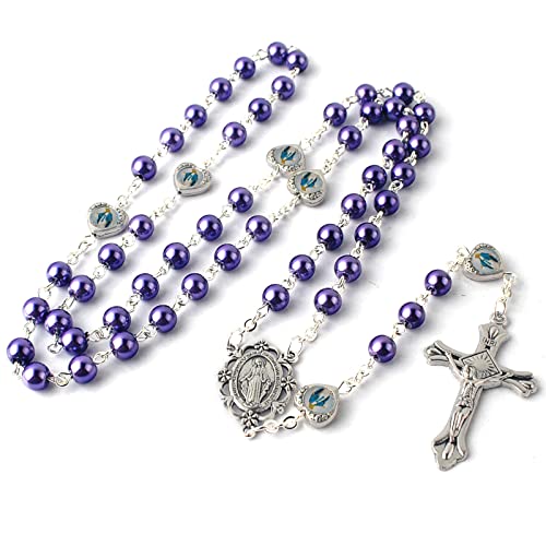 HanlinCC Catholic Miraculous Rosary Glass Pearl Beads Pray Card & Gift Bag - color: Purple