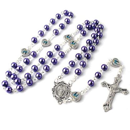HanlinCC Catholic Miraculous Rosary Glass Pearl Beads Pray Card & Gift Bag - color: Purple