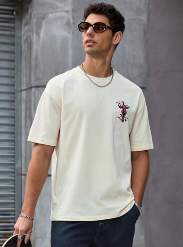 Herberton Men's Graphic T-Shirt Loose Fit Cotton Fashion Casual Streetwear Crewneck Short Sleeve Tee (S-XXL) - color: Beige, size: Large