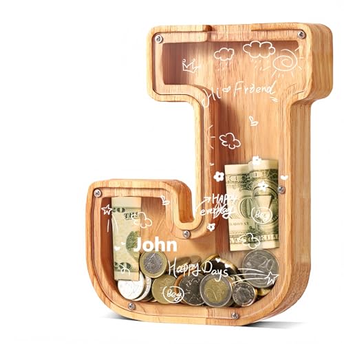 UBeesize Wooden Letter Piggy Bank for Boys Girls,26 Personalized Alphabet Money Bank,Coin Bank Birthday Gift for Kids,Children's Gift (J) - color: J, size: 9 inches