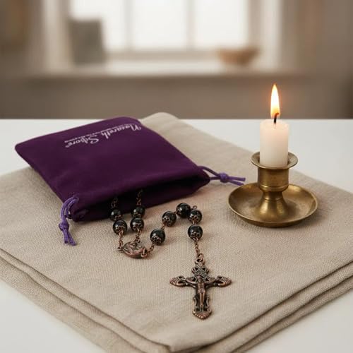Nazareth Store Natural Stone Beads 8mm Rosary Necklace Antique Copper Design Holy Soil Medal & Cross in Velvet Bag - Catholic Rosaries Terra Santa Jerusalem Collection - color: Black Obsidian