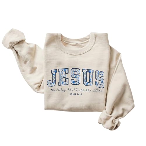 FITIN Unisex Jesus The Way The Truth The Life Christian Sweatshirt John 14:6 Floral Faith Pullover Neutral - color: Sand, size: Small