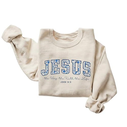 FITIN Unisex Jesus The Way The Truth The Life Christian Sweatshirt John 14:6 Floral Faith Pullover Neutral - color: Sand, size: 3X-Large