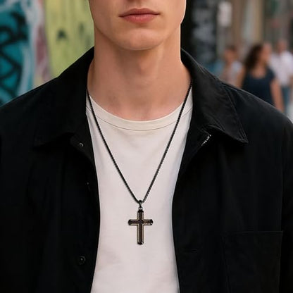 Wooden Cross Necklace for Men With Stainless steel And Black Ebony Adjustable Box Chain 24–26 inches Suitable for Everyday Wear And Christian Gifts for Men - color: Black-K
