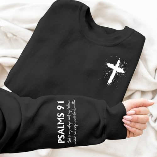 Women Christian Sweatshirt Psalms 91 Jesus Hoodie Religious Faith God Shirt Bible Verse Inspirational Pullover Tops - color: Black, size: Small