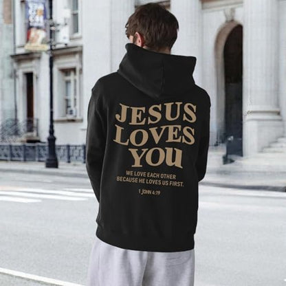 Christian Jesus Loves You Hoodies for Teen Religious Faith Sweatshirts Bible Verse Graphic Youth Hoodie - color: Black, size: Medium