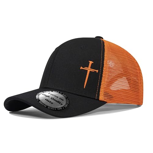Christian Hats for Men Women,Jesus 3 Nail Cross Hat Christian Religious Gifts for Birthday/Christmas,Black and Silver - color: 08.black-orange