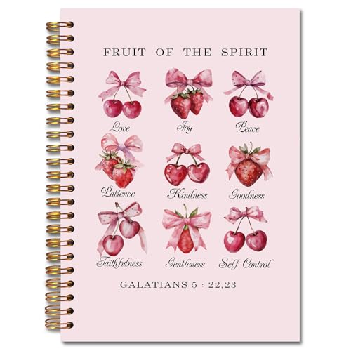 JINYO Coquette Pink Bow Cherry Strawberry Christian Notebook, Fruit of the Spirit Bible Notebook, Prayer Journal for Woman, Church Notes Journal, Scripture Spiral Notebooks 5.5x8.3 Inch（Pink） - color: white Cherry Strawberry Notebook