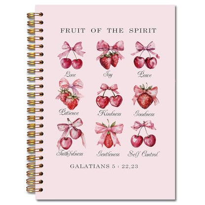 JINYO Coquette Pink Bow Cherry Strawberry Christian Notebook, Fruit of the Spirit Bible Notebook, Prayer Journal for Woman, Church Notes Journal, Scripture Spiral Notebooks 5.5x8.3 Inch（Pink） - color: white Cherry Strawberry Notebook