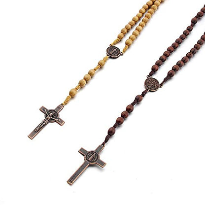 Fuqimanman2020 Christian Handmade Wooden Catholic Rosaries Necklace, Prayer Beads Holy Soil Medal & Cross, Catholic Wooden Rosary Beads - color: Rosary-2