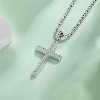 Small Dainty Cross Pendant Necklace 925 Sterling Silver for Women with 18", 20" Sturdy Chain 14K White Gold Plated - size: 20" Chain, style: Chamfered