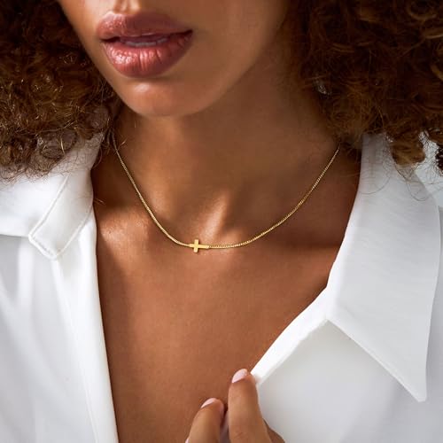 Cross Necklace for Women,Dainty 14k Gold Plated Pendant Necklaces - color: Gold-3