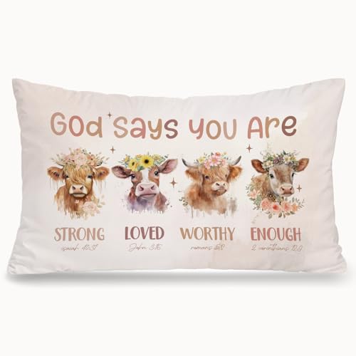 Highland Cow Christian Bible Verse 12x20 Pillow Cover, Highland Cow Decor, God Says You are Farmhouse Decorative Throw Pillow Covers Pillowcases for Bedroom Living Room Home Decor - color: Bible(white04)