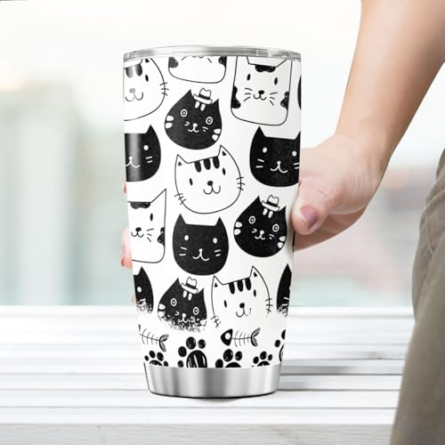 Funny Black Cat Everything Is Fine Tumbler, 20oz Stainless Steel Insulated Cup with Cute Crying Kitten Design, Sarcastic Gift for Cat Lovers, Friends, Coworkers, Birthday, Halloween - color: Funny Cat Lover