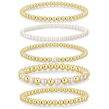 Yoosteel Gold Beaded Bracelets for Women Teen Girls, Gold Plated Jewelry - color: Bead (4/5/6mm) + Pearl (4/5/6mm) - 5pcs