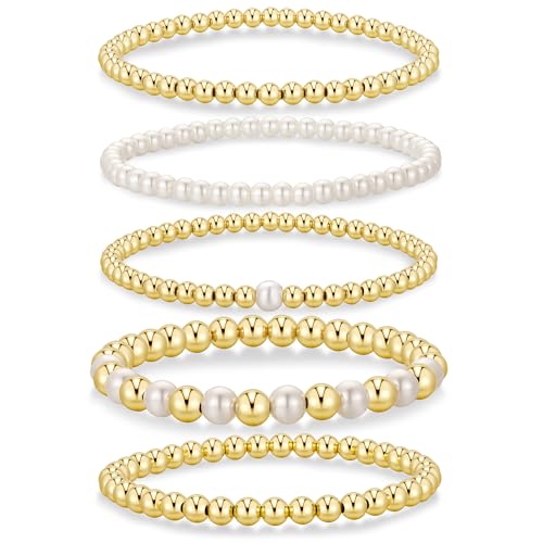Yoosteel Gold Beaded Bracelets for Women Teen Girls, Gold Plated Jewelry - color: Bead (4/5/6mm) + Pearl (4/5/6mm) - 5pcs