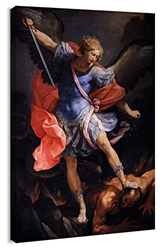 artprints1stop Canvas Print Wall Art - Archangel Michael Tramples Satan by Guido Reni - 12x18 inches - color: Archangel Michael Tramples Satan, size: 18"L x 12"W
